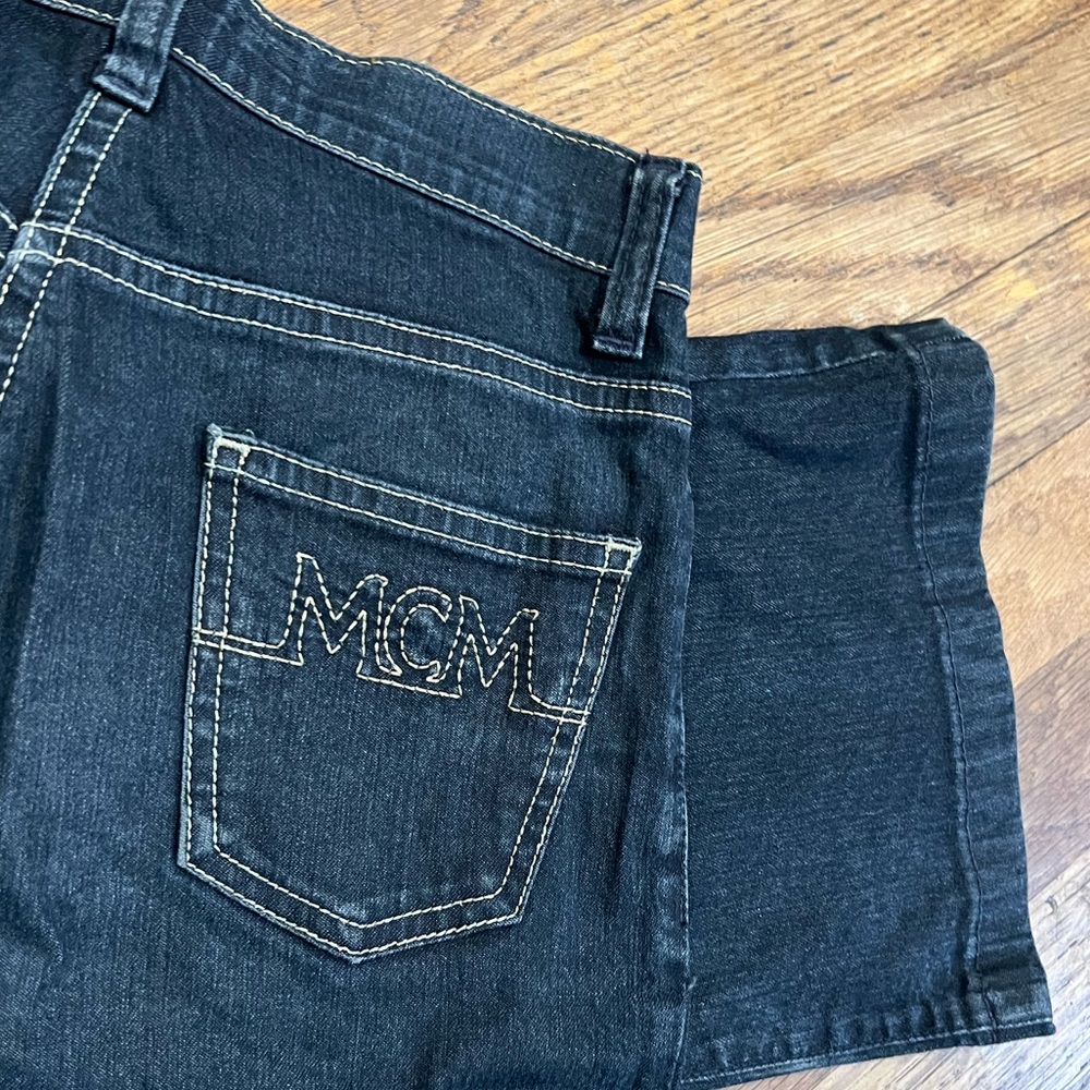 MCM the Golden Jeans Flare Dark Blue Stretch Denim Logo Pants Italy 40 US 4